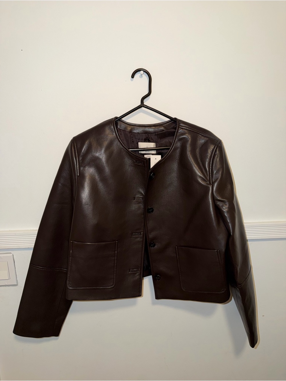 Aritzia Dark Brown Collarless Leather Button Jacket